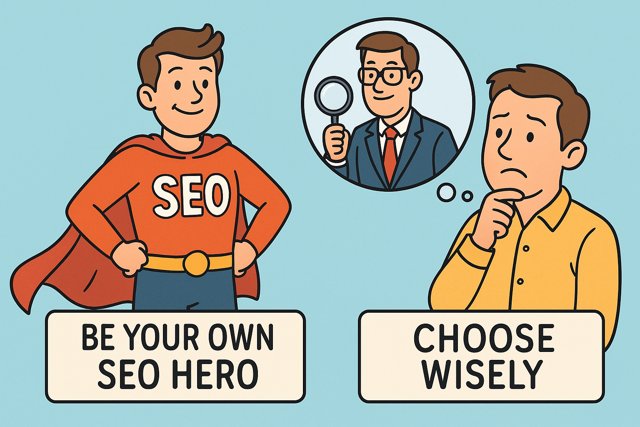 Confident man in a superhero cape standing proudly with 'SEO' on his chest, ready to fix websites