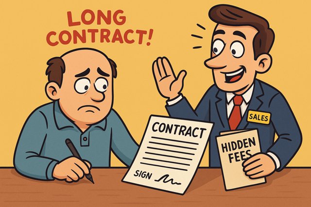 Man reluctantly signing a long, overwhelming SEO agency contract with small print and hidden clauses