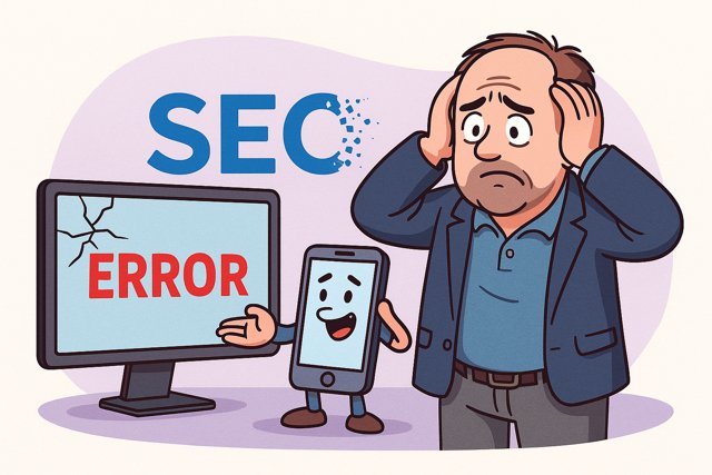 Cartoon of a man staring at a computer screen showing an SEO error warning
