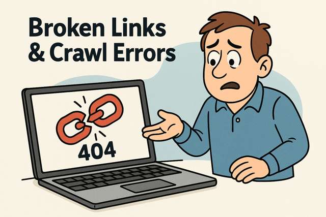Cartoon of a man examining broken links and crawl errors on a website