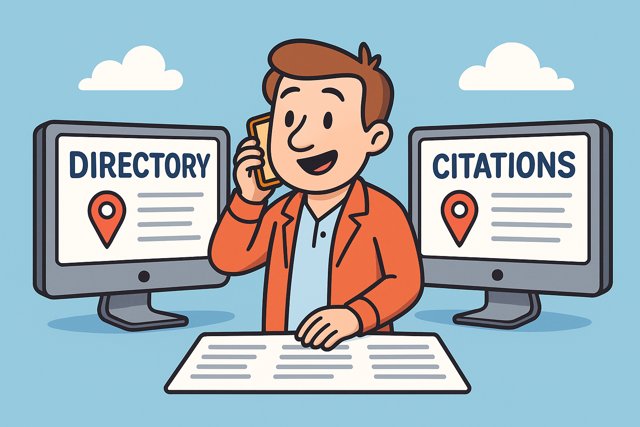 Cartoon of a man checking online directories and citations for his business's SEO