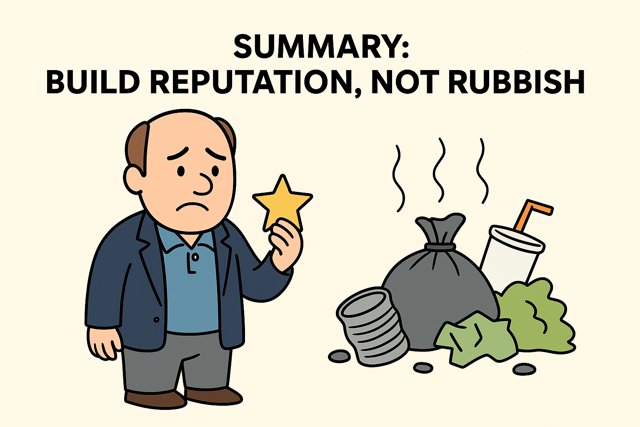 Cartoon of a man with a sign that says: Build reputation not rubbish