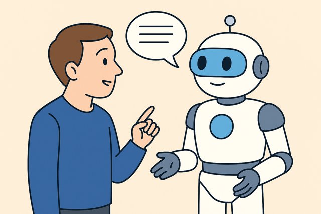 Cartoon of a man having a conversation with a friendly robot representing ChatGPT