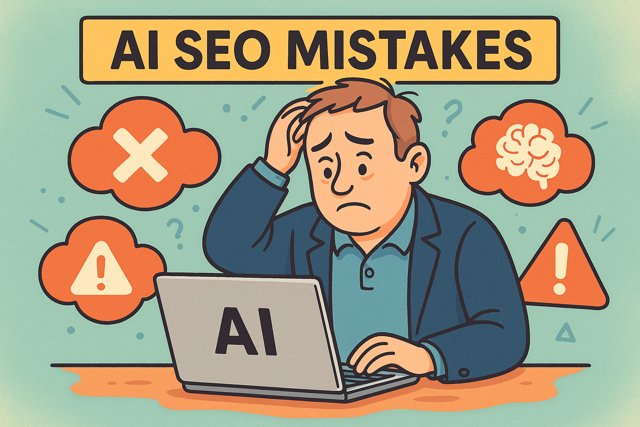 Cartoon of a confused marketer surrounded by AI-generated content, broken SEO tags, and keyword-stuffed pages labeled as 'AI SEO mistakes'