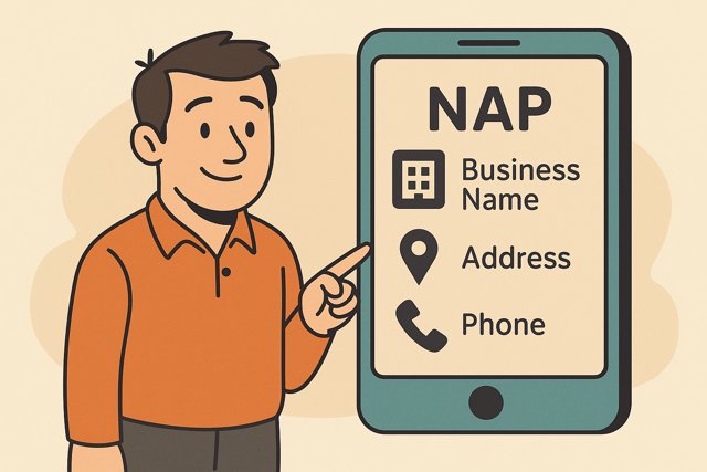 Cartoon of a man reviewing his business's Name, Address, and Phone number (NAP) for SEO consistency