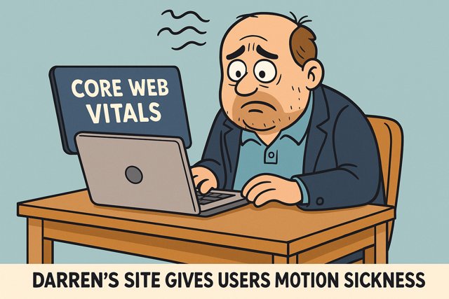 Cartoon of a man inspecting a website dashboard with core web vitals like speed, responsiveness, and stability