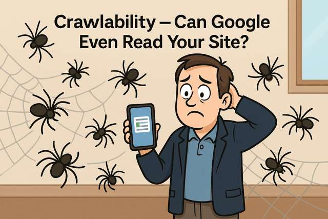 Cartoon of a man surrounded by spiders, symbolising search engine crawlers.