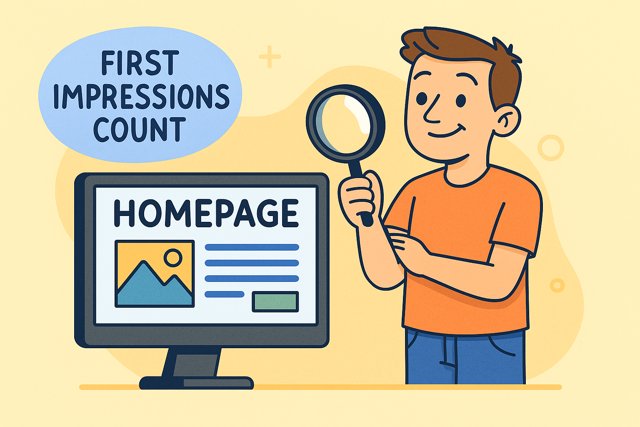Cartoon of a man with a magnifying glass closely inspecting his homepage, symbolizing the importance of first impressions
