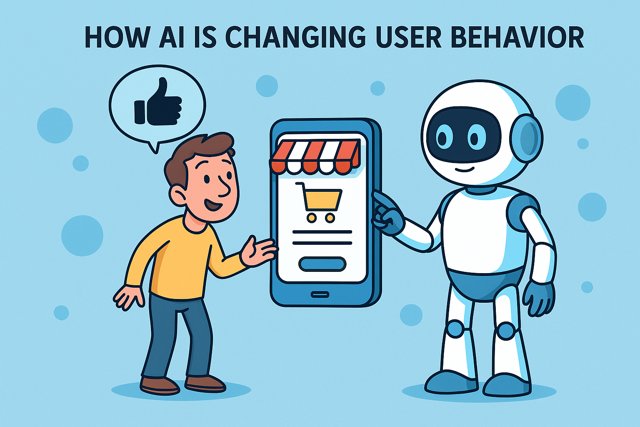 Cartoon showing AI tools influencing how users search online, with people using voice commands, chatbots, and smart assistants instead of typing in Google