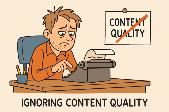 Man ignoring a stack of low-quality web pages