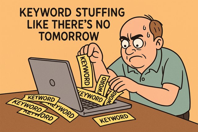 Cartoon of a man aggressively typing keywords into a webpage, symbolizing keyword stuffing