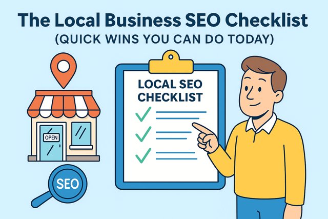 Cartoon of a man examining a local business SEO checklist on his screen