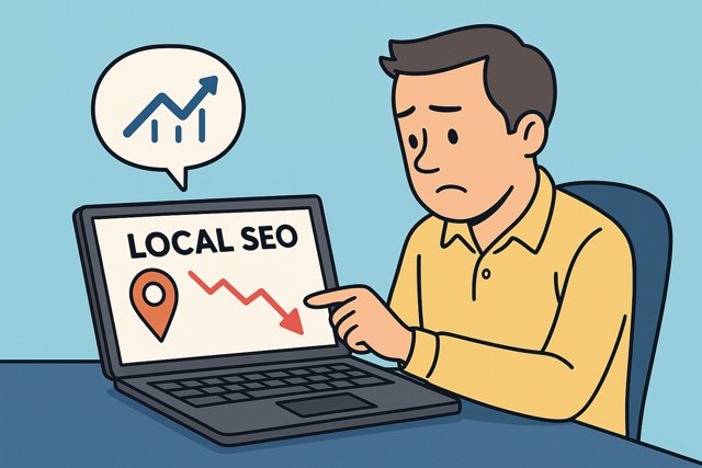 Cartoon of a man monitoring SEO performance on a computer screen with graphs and charts
