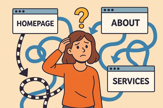 Cartoon of a lady scratching her head while looking at a messy website menu, representing confusing homepage navigation