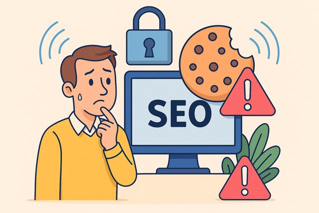 Man sweating while looking at privacy settings, representing the growing importance of privacy in SEO