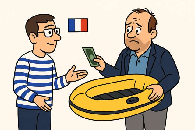 Man receiving payment from French authorities for a small dinghy.