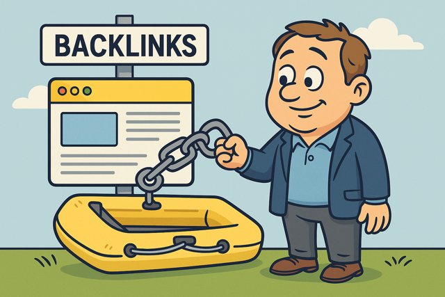 Cartoon man holding a large backlink symbol, representing off-page SEO
