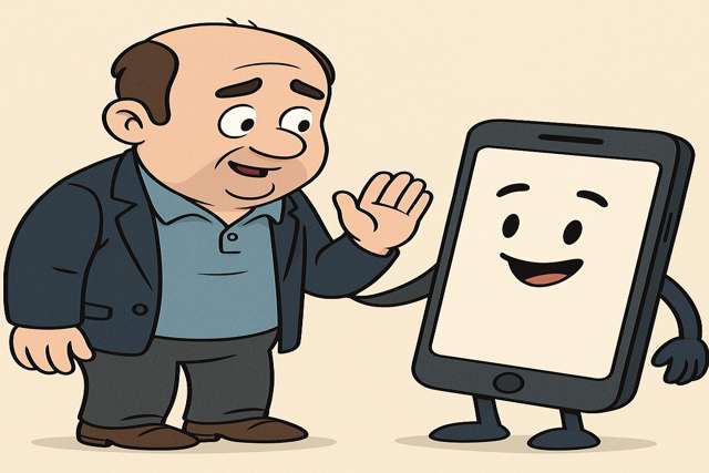 Cartoon showing the importance of mobile-friendly website design for SEO, with a person viewing a site on a smartphone.
