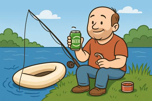 Man fishing with a beer, enjoying the freedom and relaxation of working remotely as an SEO specialist.