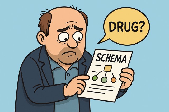 Cartoon of a man examining a website's SEO schema structure with icons for reviews, stars, and FAQs