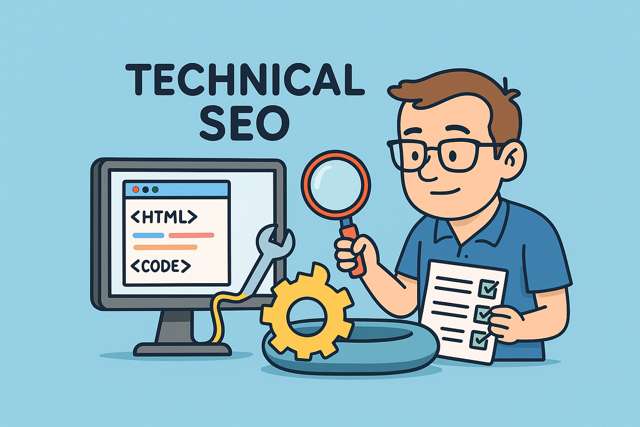 Cartoon of a man using a magnifying glass to inspect a website for technical SEO issues