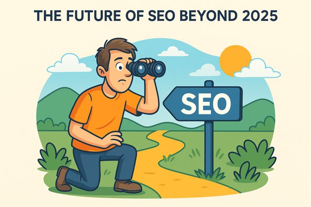 Man looking toward a futuristic city skyline with SEO sign, symbolising the future of SEO beyond 2025