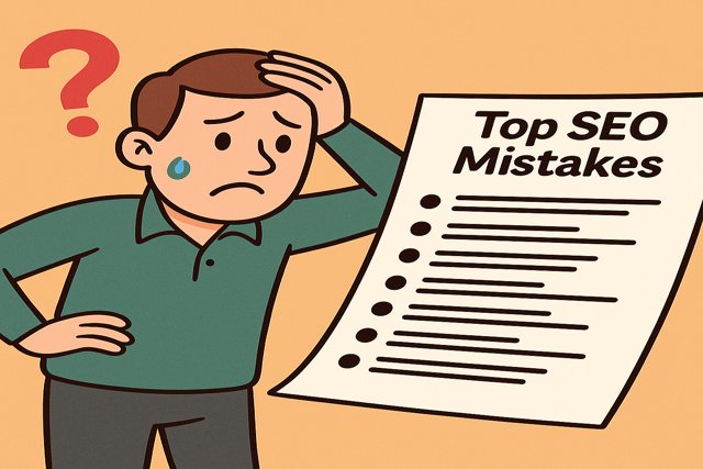 Cartoon of a frustrated person surrounded by common SEO mistakes like broken links, slow speed, and missing titles