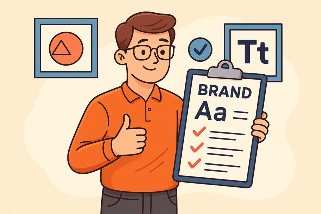 Cartoon of a man reviewing a checklist to ensure branding consistency across his website