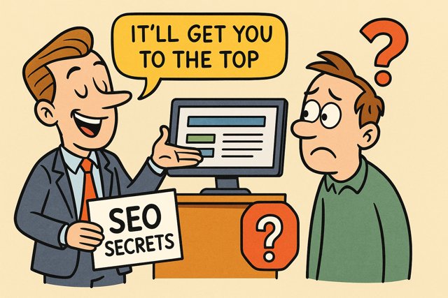 Cartoon of a man realising he's overpaying for poor SEO services from an agency