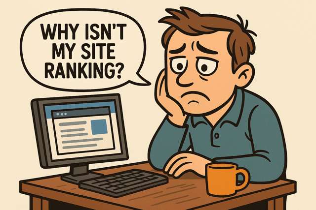 Man staring at his screen, frustrated and wondering why his website isn’t ranking.